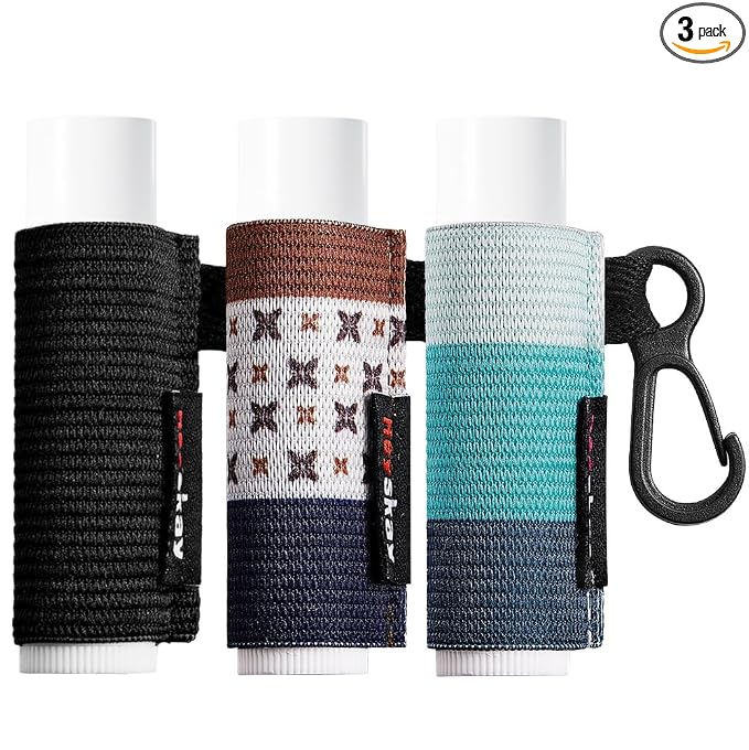 HEYSKAY 3PCS Lip Balm Holder Sleeves Chapstick Holder Keychain Lip Gloss Holder Keychain Elastic Sleeves (Black/light blue strip/dark blue strip)