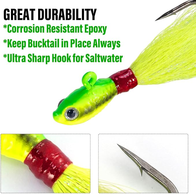Dr.Fish 3 Pack Bucktail Jig Lure Hair Jig Saltwater Freshwater Lures Surf Fishing Bass Flounder Striper Bluefish Halibut Redfish