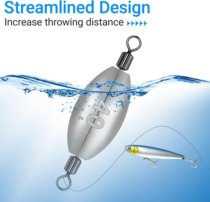Inline Trolling Weights with Swivel, Fishing Sinkers for Catfish Bass Saltwater Freshwater, Anti-Twist Smooth Rolling Egg Sinker Design, Assorted Sizes Fishing Weights Kit