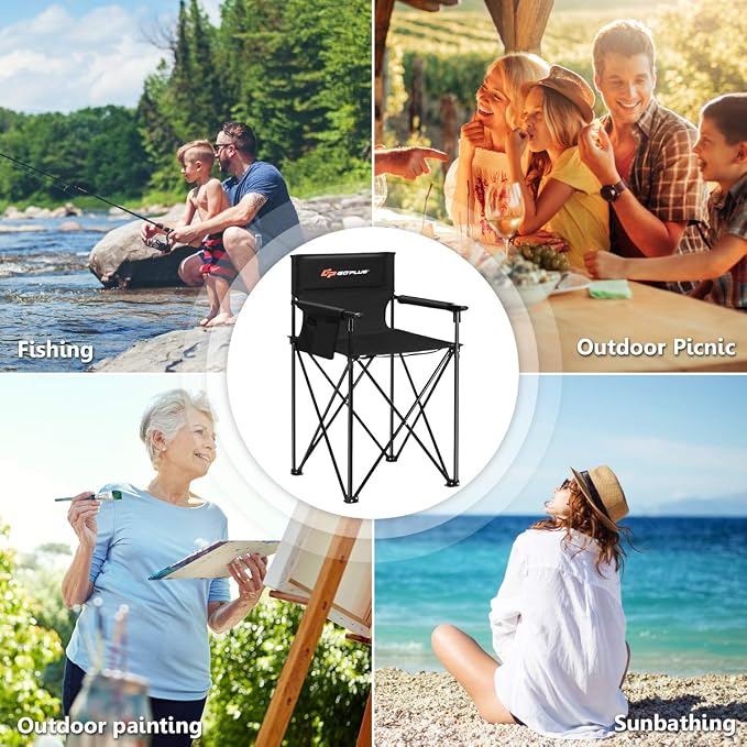Goplus Folding Camping Chair, Outdoor Portable Beach Chair Heightened Design w/Detachable Armrests, Storage Pouches & Carrying Bag for Fishing, Picnic, Lawn (Black, 250LBS Weight Capacity)