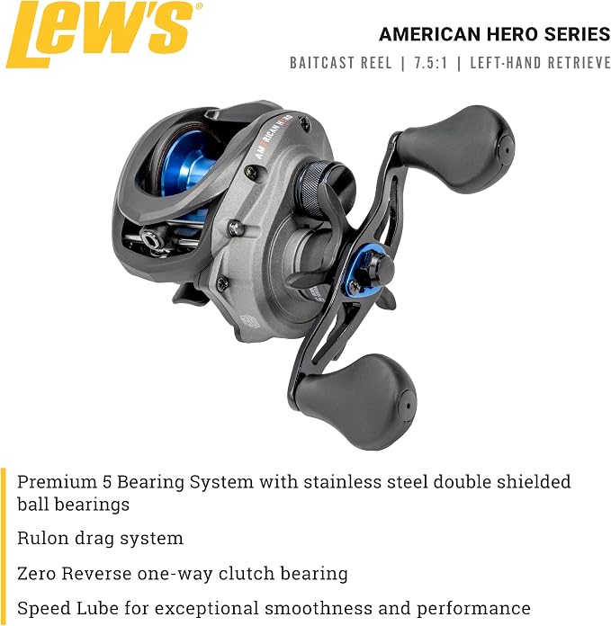 Lew's American Hero Baitcast Fishing Reel, 4+1 Bearings, 7.5:1 Gear Ratio, Graphite Frame, Speed Gears, Magnetic Control System