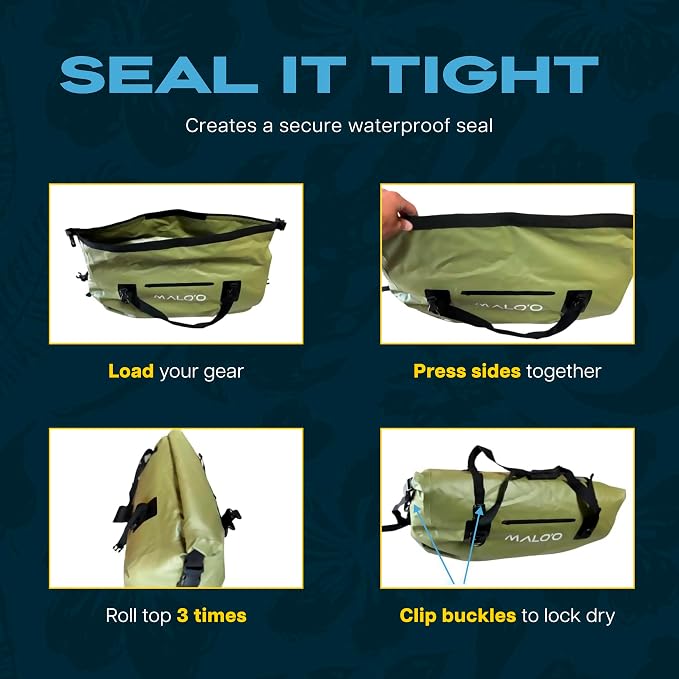 Malo’o Waterproof Dry Duffel, Heavy-Duty Roll Top Waterproof Gear Bag with Shoulder Strap & Molle Loops, Marine Duffel for Kayaking, Boating, Camping, Beach & Travel, Dark Green, 40L