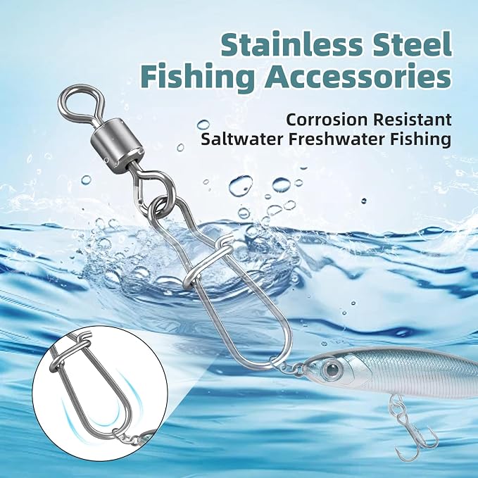 70 Pcs Corrosion Resistance Fishing Swivels & Snaps, 7 Sizes Detachable Snap Swivels, Convenience Pack Swivels Fishing Tackle for Recreational Fishing