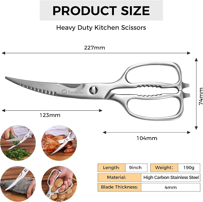 Sunnecko Heavy Duty Kitchen Scissors - Stainless Steel Kitchen Shears, Ultra Sharp Micro Serrated Poultry Shears, Cooking Scissors for Meat, 9 Inch Curved Blades
