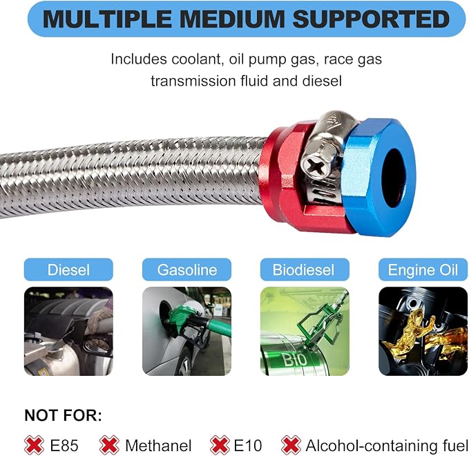 CarBole 10FT Stainless Steel Braided Fuel Line, 5/16" I.D. Diesel Hose Swap EFI PTFE with Fittings for Automotive Fuels Lubricants Coolants
