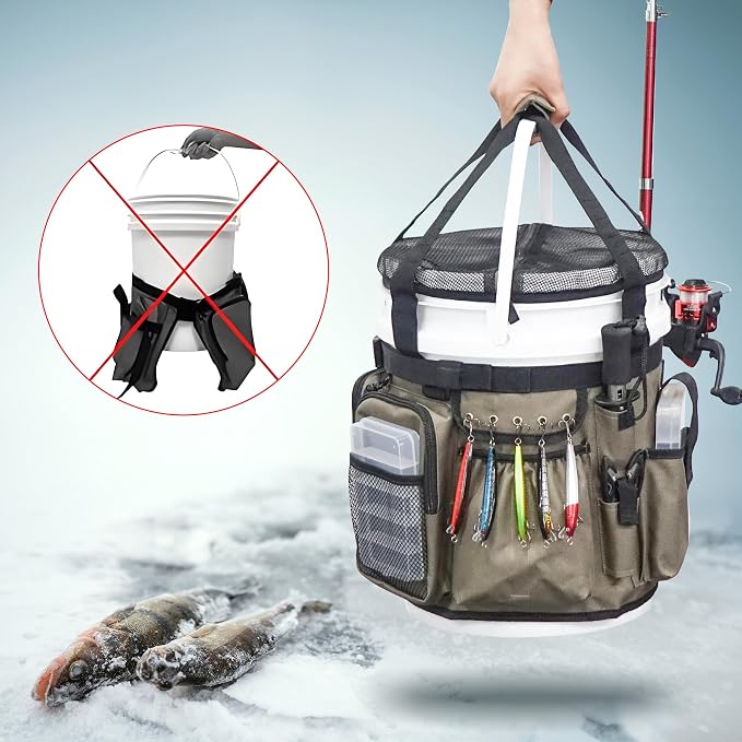 Fishing Bucket Organizer with Bucket Cover Fishing Tackle Bag with Rod & Plier Holder, Multi-Pockets for 5 Gallon Bucket Fishing Gear & Accessories Father Gifts