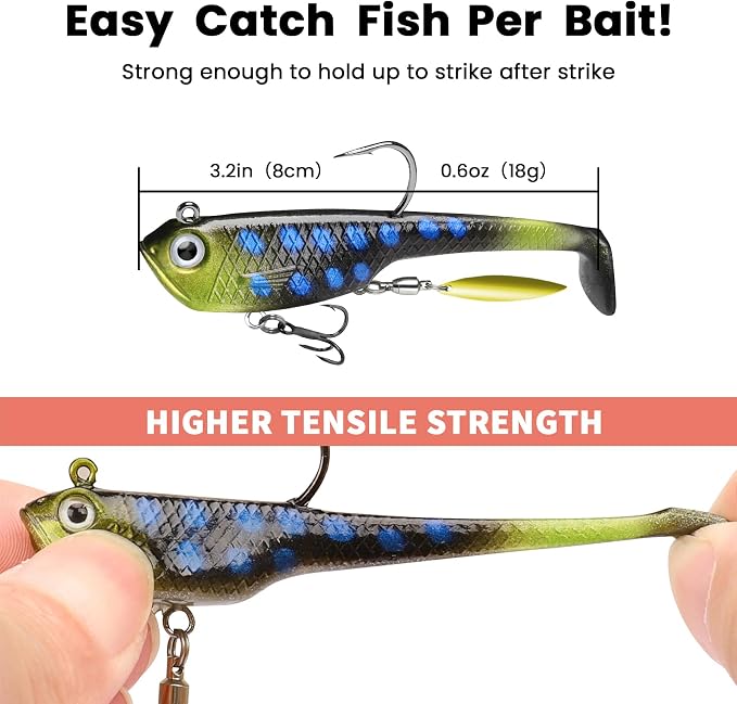 TRUSCEND Shadtale Easy Catch Soft Fishing Lures with BKK Hooks - Trembly Sinking and Vibrating Swim for More Bites, Pre-Rigged Swimbaits for Bass, Trout, Crappie, Walleye, Freshwater Saltwater Fishing