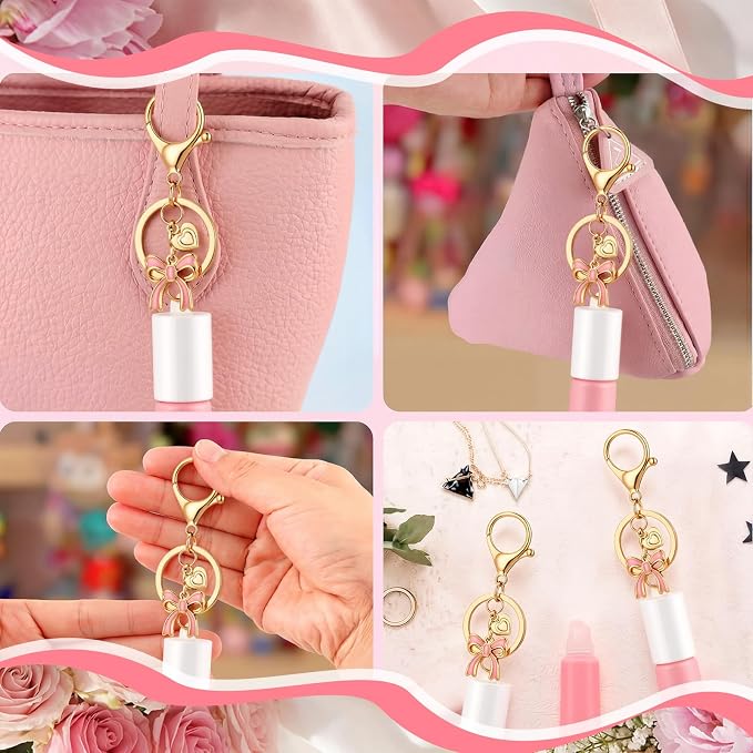 Nosiny 12 Pcs Coquette Lip Gloss Cap Keychain Bulk, Lip Balm Cap Keychain for Summer Pink Bow Party Favors for Women Girls Aesthetic Accessories
