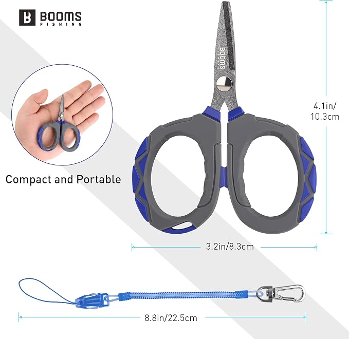 Booms Fishing Braided Line Scissors: Micro-Serrated Stainless Steel Blades Line Cutter - XW01 4.1" Fishing Serrated Shears with Coiled Lanyard
