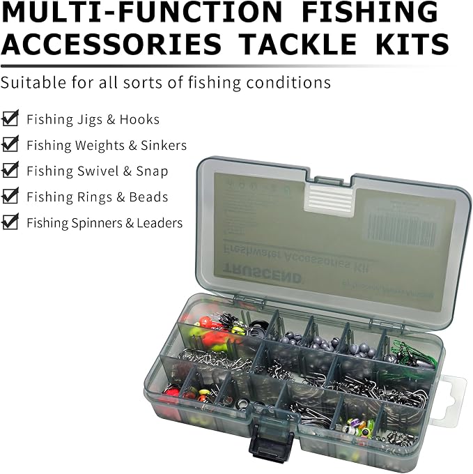 TRUSCEND Complete Fishing Lures - Tackle Box with Tackle Included - Crankbaits, Minnows, Frogs, Vibes, Poppers, Spinners, Spoons, Soft Baits, Hooks & Weights Accessories Kit for Bass Panfish Trout