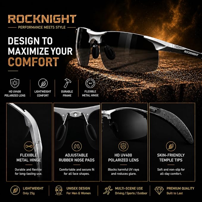 ROCKNIGHT Polarized Rectangular Sunglasses for Men Driving UV400 Protection Lightweight Al‑Mg Frame
