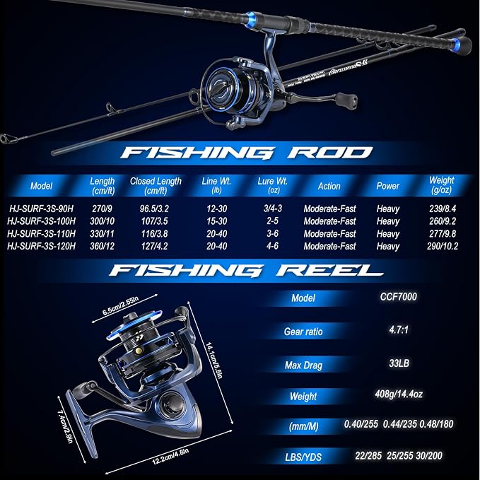 SOUGAYILANG Surf Fishing Rod and Reel Combo, Heavy 3-Piece Travel Spinning Rod with Reel for Red Drum, Striped Bass, Beach & Saltwater Fishing(9'/10'/11'/12')