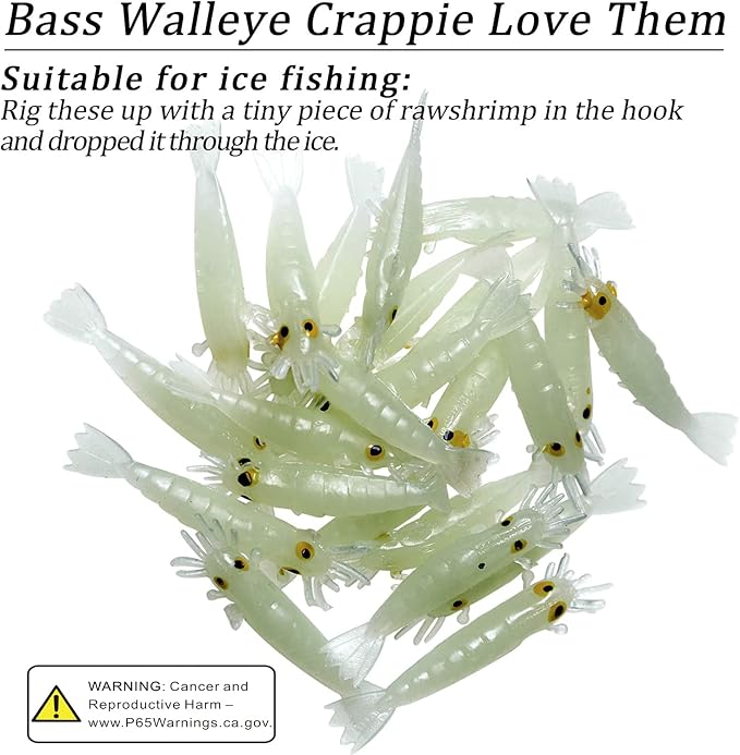 QualyQualy Fishing Soft Lures Artificial Bait Luminous Glow Shrimp Grub Worms Lure Ice Fishing Lures for Bass Walleye Trout Crappie 54pcs
