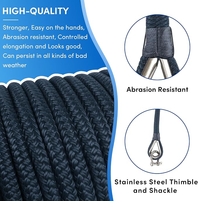 Boat Anchor Rope 150 ft x 3/8 inch Navy Blue, Double Braided Anchor Line with Stainless Steel Thimble & Shackle, Marine Rope Ideal for Towing,Mooring,Decks,Anchoring,for Boats Up to 27'