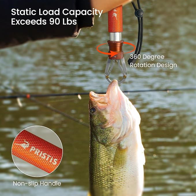 Pristis Metal Fishing Grabber, Locking Fish Lip Gripper with Lightweight Aviation Aluminum Handle, Heavy Duty Stainless Steel Grab Grip Tool Tackle, Rotating Hook Remover Holder Freshwater Saltwater