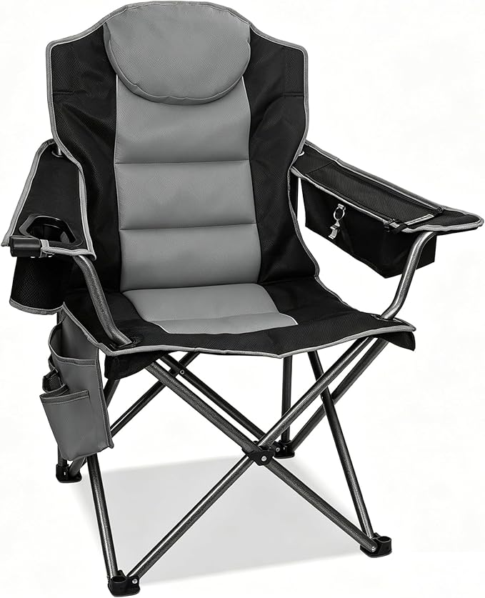 Colorsoul Oversized Camping Chair, Padded Portable Camping Chairs with Cup Holder, Cooler Bag and Shoulder Straps, Heavy Duty Outdoor Folding Chair for Camping, Beach, Fishing, Support 350 LBS, Black
