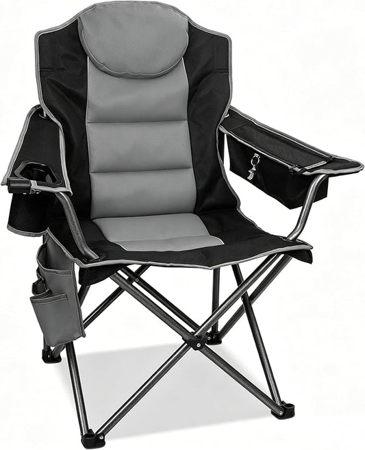 Colorsoul Oversized Camping Chair, Padded Portable Camping Chairs with Cup Holder, Cooler Bag and Shoulder Straps, Heavy Duty Outdoor Folding Chair for Camping, Beach, Fishing, Support 350 LBS, Black
