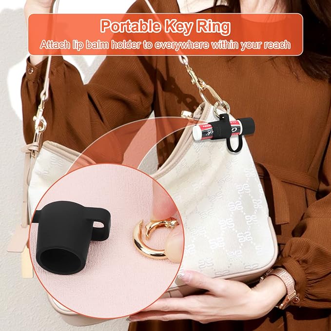 2 PCS Silicone Chapstick Holder with Cap Cover, 0.6'' Diameter Portable Lip Balm Holder Key Chain Sleeve Chapstick Keychain Holder with Wrist Strap Lanyard - Black