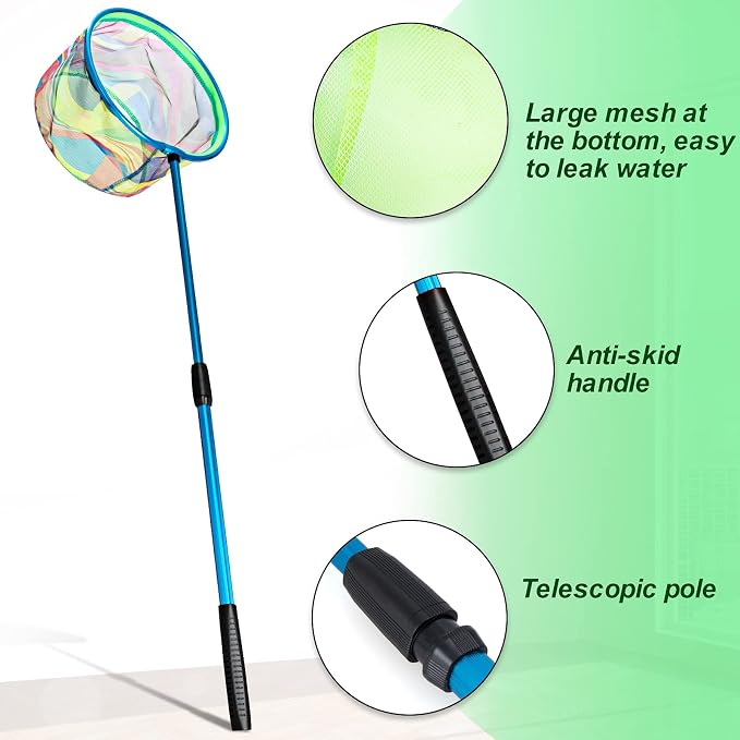 Kids Fishing Net, 2 Pack Telescopic Landing Nets with Aluminum Pole Handle, Collapsible Bucket Sand Pail, Butterfly Net, Fishing Net for Youth, Outdoor Playing