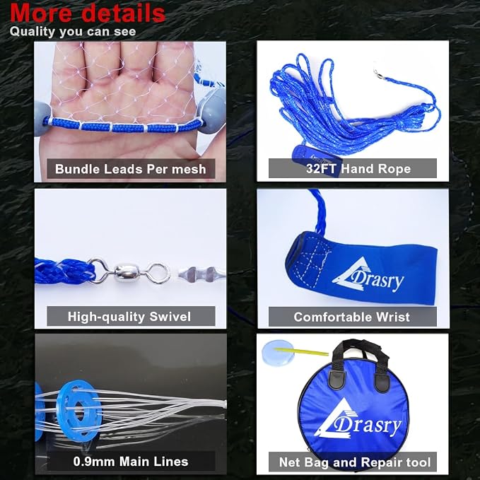 Drasry Saltwater Fishing Cast Net 3/8 and 1/4 Mesh with Heavy Duty Gray Sinker American Monofilament Fish Throw Net for Bait Trap 3FT 4FT 5FT 6FT 7FT 8FT 9FT Radius