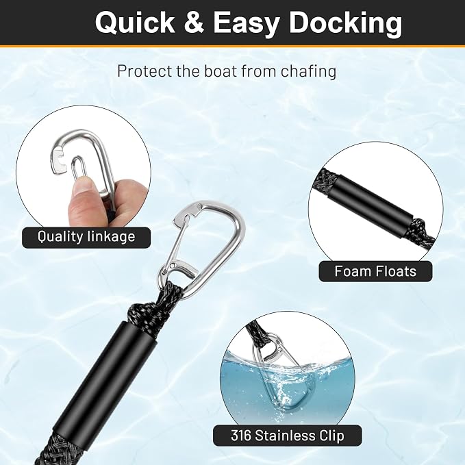 Boat Bungee Dock Lines, Mooring Rope with Stainless Steel Clip,Boat Ropes for Docking, Boat Accessories, Suit for PWC, Kayak, Seadoo, WaveRunner, Pontoon, Bass Boat, 4ft (Black)