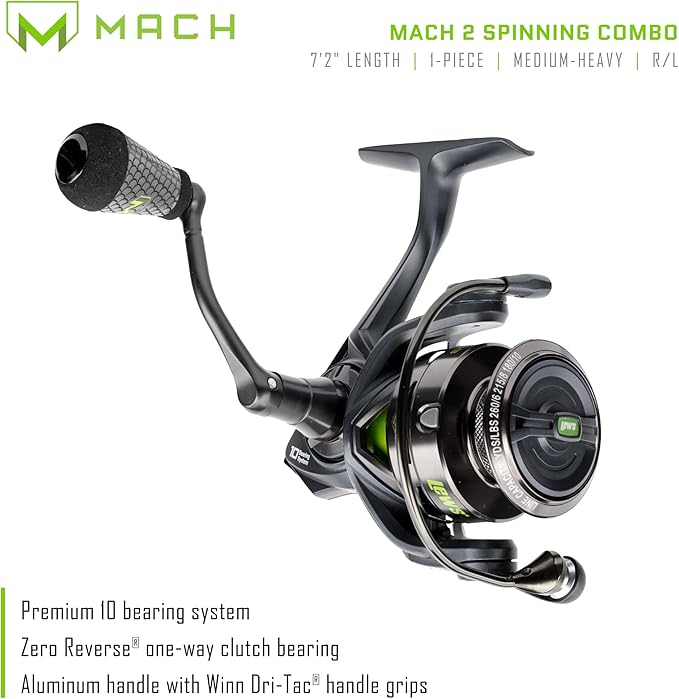 Lew's MACH 2 Spinning Reel and Fishing Rod Combo, IM8 Graphite Blank Fishing Rod, Right or Left-Hand Retrieve, Winn Dri-Tac Ultra Handle, Black/Green