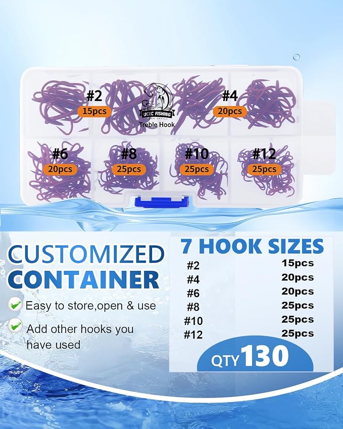 UCEC Fishing Hooks Treble Hooks Kit for Saltwater Freshwater, High Carbon Steel Strong Sharp Round Bend for Catfish Trout Hard Baits Lures, Size #1#2#4#6#8#10#12#14 110/50/210 Pack with Split Rings
