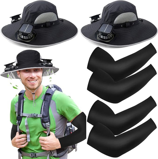 Glitopper 2 Set Wide Brim Solar Fan Hats with 2 Solar Fan and Arm Sleeves Set Outdoor Fishing Bucket Hat for Men Women Hiking