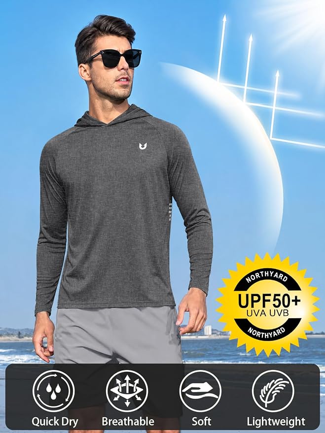 NORTHYARD Men's UPF 50+ Rash Guard Hoodie Long Sleeve Sun Protection Shirt Fishing Swim Beach Hiking Quick Dry Lightweight