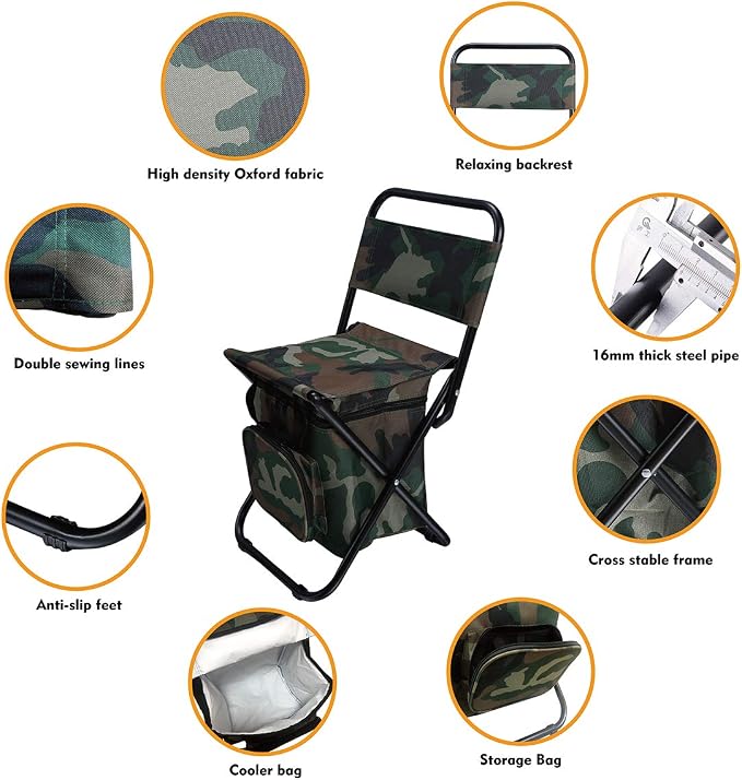 LEADALLWAY Fishing Chair with Cooler Bag Compact Fishing Stool Foldable Small Hunting Chair 12.2" Seat Depth,12.6" Seat Width