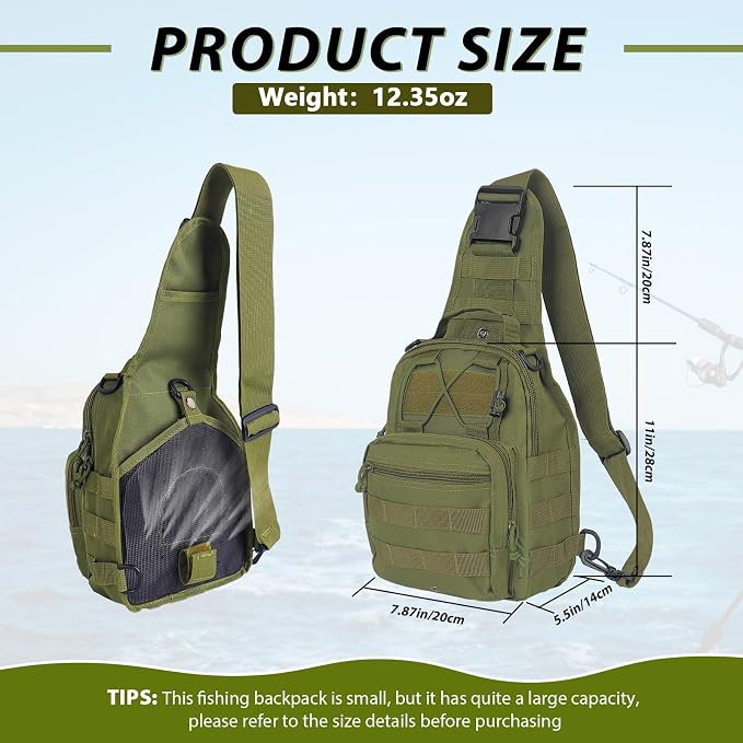 Fishing Backpack Small Fishing Tackle Storage Bag with 3 Methods of Carrying Large Capacity Sling Backpack for Outdoor Hiking Travel Hunting (Army Green)