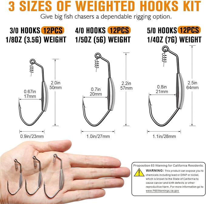 Dovesun 12PCS/44PCS Weighted Swimbait Hooks Weighted Fishing Hooks Saltwater Freshwater Worm Weedless Hooks for Bass Fishing 3/0 4/0 5/0