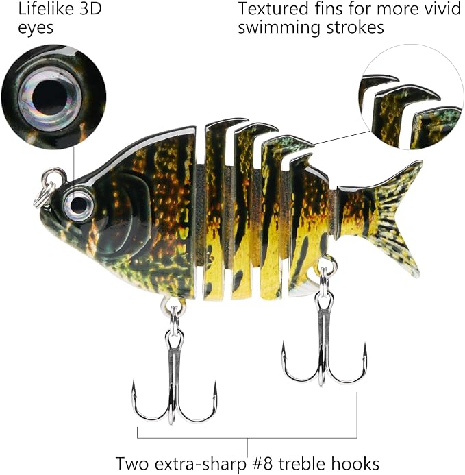 Bassdash SwimPanfish 0.34oz Hard Swimbaits Multi Jointed Topwater Trout Bass Fishing Crank Lure for Freshwater and Saltwater