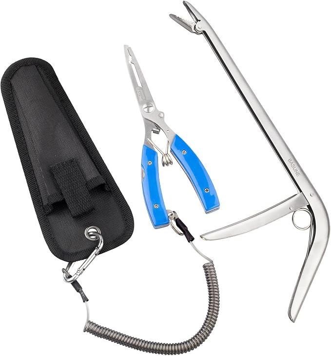 BASUNE Fishing Pliers and Fish Hook Remover with Line Cutter, Curved Nose Hook Remover Tackle Tool with Nylon Sheath and Fishing Gear Set (Blue)
