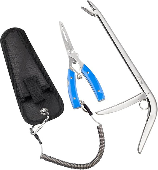 BASUNE Fishing Pliers and Fish Hook Remover with Line Cutter, Curved Nose Hook Remover Tackle Tool with Nylon Sheath and Fishing Gear Set (Blue)