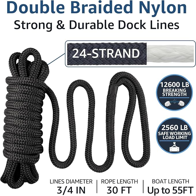 2 Pack 3/4" x 30' Dock Lines - Marine Grade Nylon Boat Rope with 18" Loop for Docking and Mooring - Double Braided Boat Lines, High Strength, Easy Handling, Heavy Duty, Fray Resistant - Black