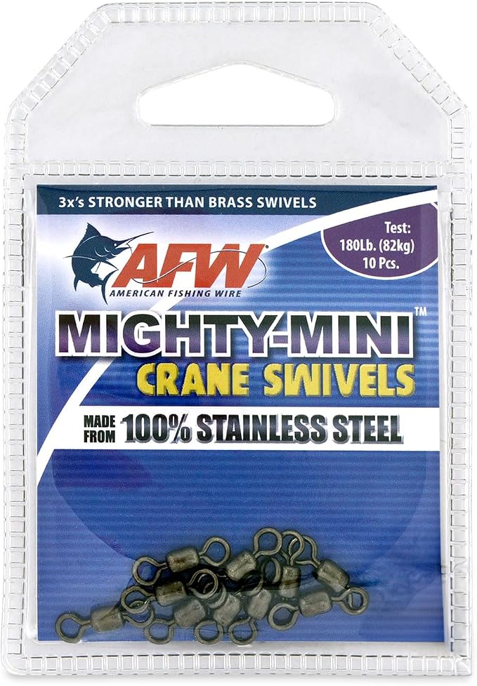 AFW American Fishing Wire Fishing Swivels - Mighty Mini 100% Stainless Steel Crane Swivels, 3X Stronger Than Brass, for Terminal Tackle Box, Up to 600lb Test - Fishing Gear for Fishing Line Leaders