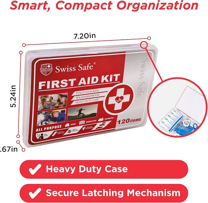 Swiss Safe Mini First Aid Kit – 120 Pcs Compact Hard Shell Medical Kit for Home, Car, Travel, Camping, Hiking, Sports, Office & Outdoor Emergencies, Small Hardcase FAK