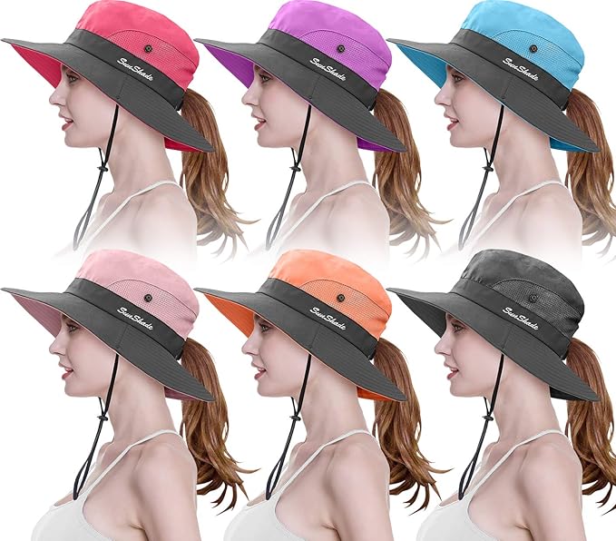 6 Pieces Womens Ponytail Wide Brim Sun Hat Packable UV Protection Beach Cap for Fishing & Hiking