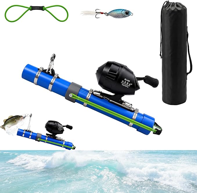 Fishing Catapult Rod, Portable Catapult Fishing Pole with Reel & Metal Lure, Complete Casting Kit with 2 Latex Tubes & Carry Bag for Saltwater and Freshwater Fishing Gear