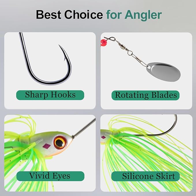 Spinner Baits for Bass Fishing 3/8oz, 6 Pcs Freshwater Fishing Lures Kit, Premium Spinnerbaits for Walleye, Crappie, Salmon & Pike