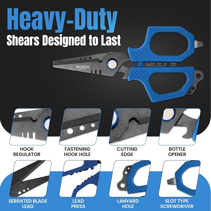 Fishing Shears with Serrated Blades and Blue Grip – Multi-Function Shears for Cutting Line, Crimping, Scaling, Outdoor Tackle Use
