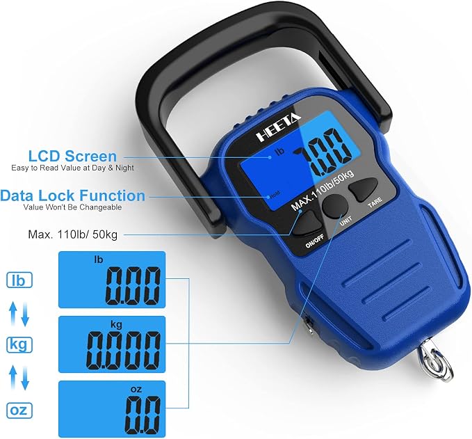 HEETA Fish Scale with Backlit LCD Display, Up to 110lb/50kg Digital Portable Hanging Fish Weight Scale with Hook & Measuring Tape for Home, Farm, Outdoor, Hunting, Fishing, 2 AAA Batteries Included