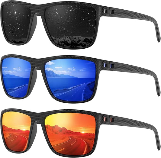 Fanshen Square Polarized Sunglasses for Men, 3 Pack Lightweight UV Protection Sun Glasses for Driving Fishing Golf