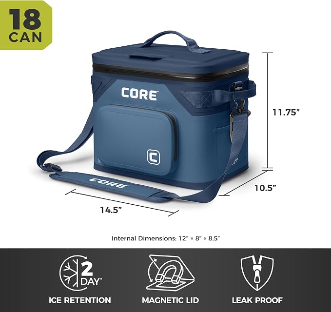 CORE Magnetic Leak Proof Soft Cooler with Waterproof Zipper | Insulated Bag Portable Ice Chest Box | Best Soft Cooler for Food & Beverages for Tailgating, Car Camping, Travel, and Family Beach Picnics