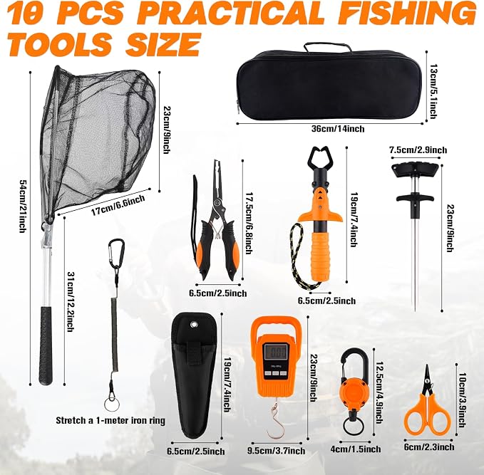 Hikary 10 Pcs Fishing Tool Kit,Folding Fishing Net Set with Storang Bag,Pliers with Lanyard and Protective Sheaths,Hook Remover,Fish Gripper,Fish Scale,Scissors for Fisherman Travel Gifts