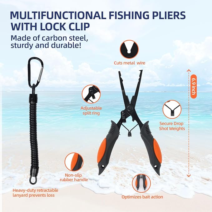 RAWILL Fishing Kit,Filleting Knife,Hook Remover,Fish Grip, Line Cutter,Fishing Scale, Pliers with Lanyards,Not Include Batteries