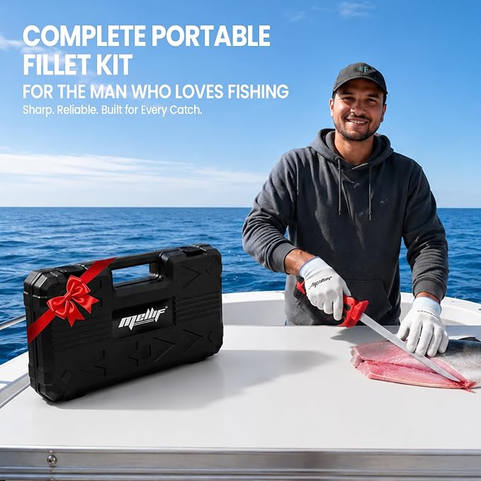 Mellif Electric Fillet Knife for Fish, 12V Cordless Fish Fillet Knife with 9.5" & 7" Sharp Blades, fillet knife for fish, Non-Slip Grip Handle, Safety Lock, 2 Rechargeable Batteries, Quick Charger & Carry Case for Fishing and Filleting