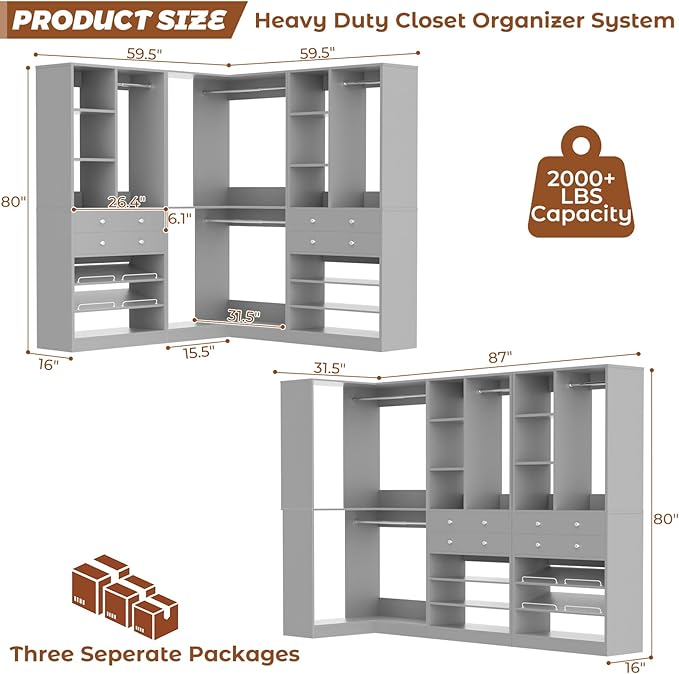 Closet System with 4 Drawers and Hanging Rods, 59.5"L / 87"L Closet Organizer System with Corner Tower, L Shaped Walk-in Closet System, Corner Closet System with Shelves, Set of 3, Morandi Grey