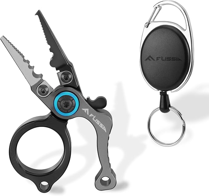 FLISSA Mini Fishing Pliers with Fly Fishing Zinger Retractor, Fish Hook Remover Tool, Split Ring Pliers for Saltwater & Freshwater, Tungsten Carbide Cutters, Fishing Gear Gift for Anglers